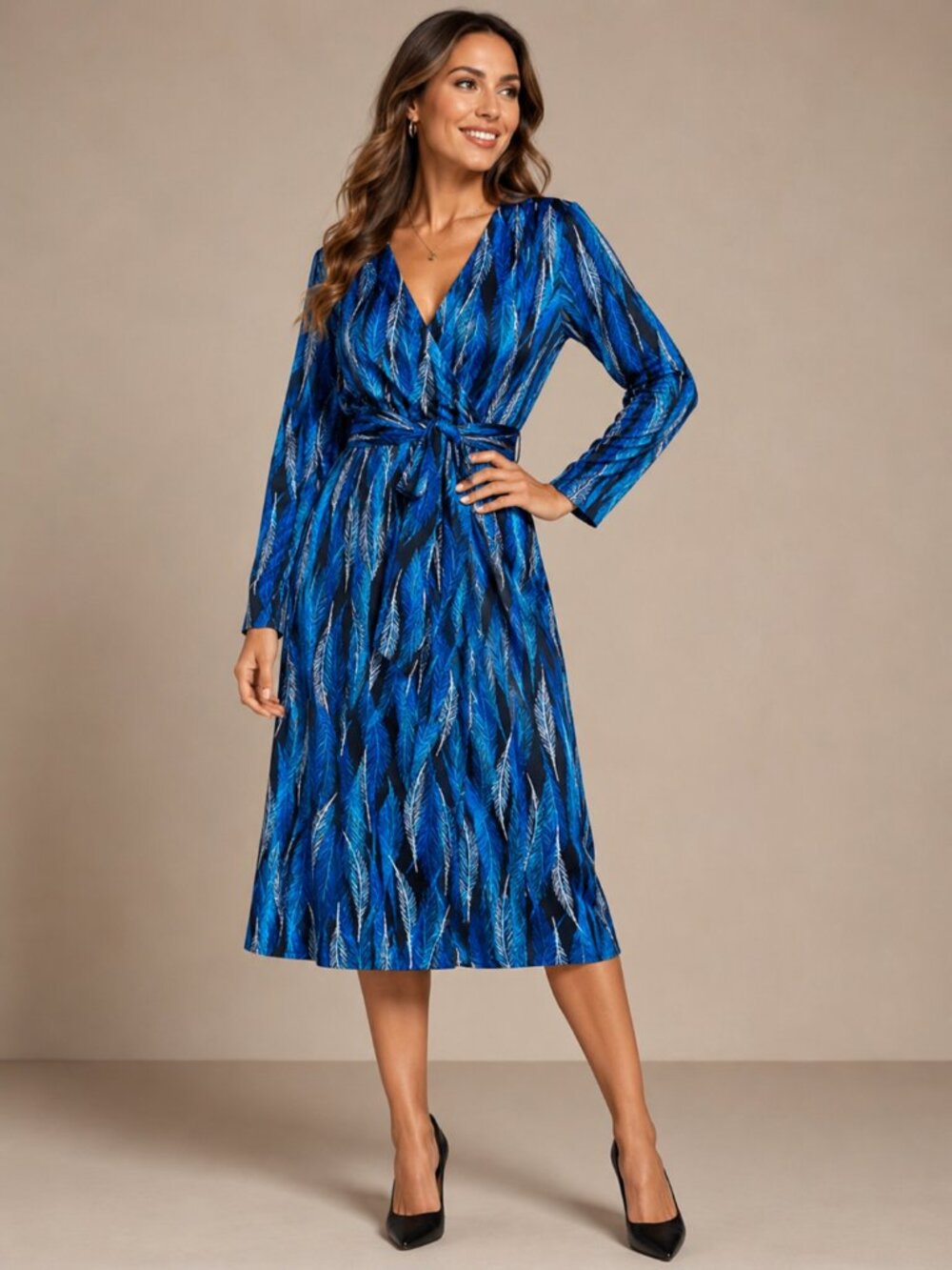 Happy Nature NEW Kate Hudson Alpha Crepe Wrap Blue Feather Midi Dress, sz M